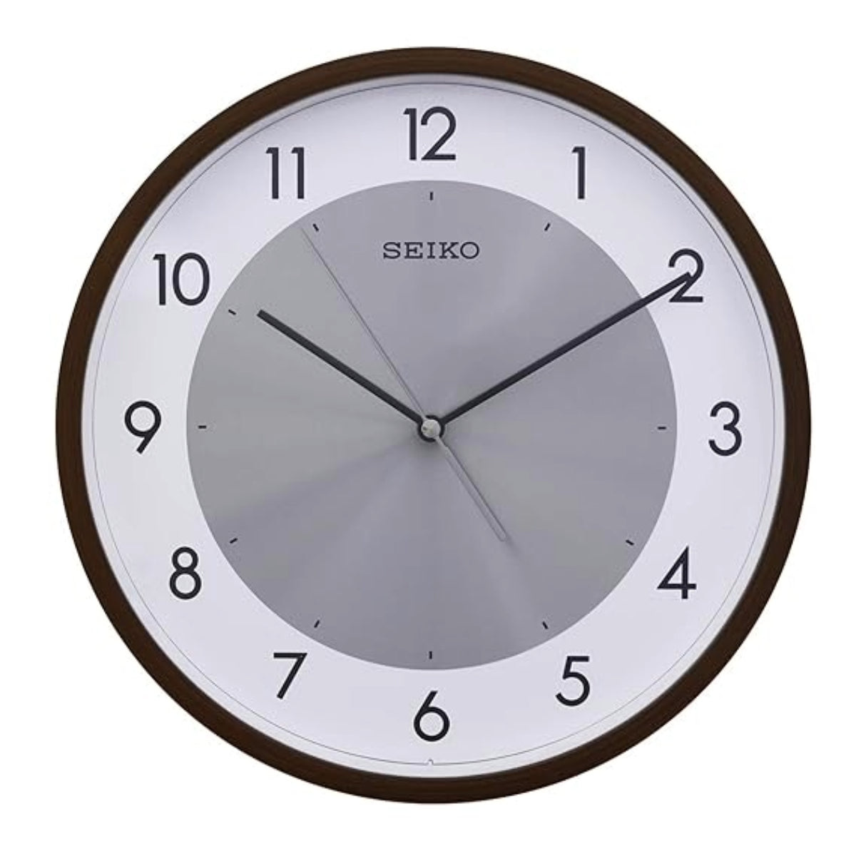 Seiko wall clock with brown frame and white face on a white background
