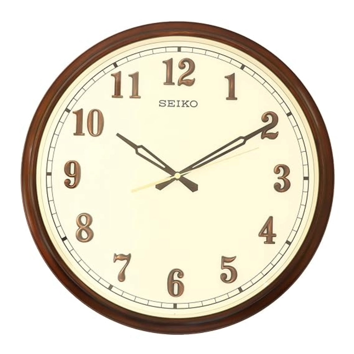 Seiko wall clock with brown frame and beige face on a white background