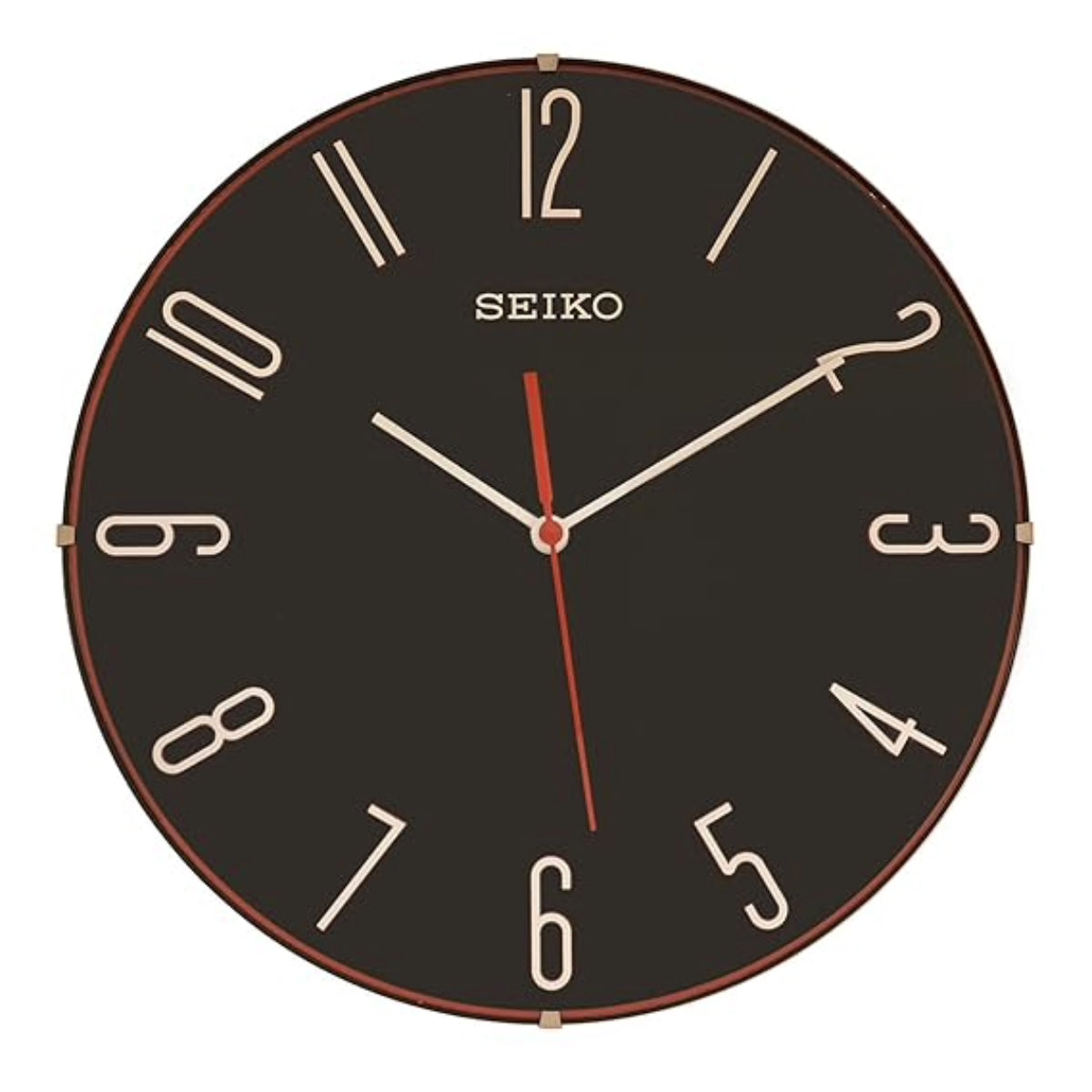 Seiko wall clock with black face and gold trim on a white background