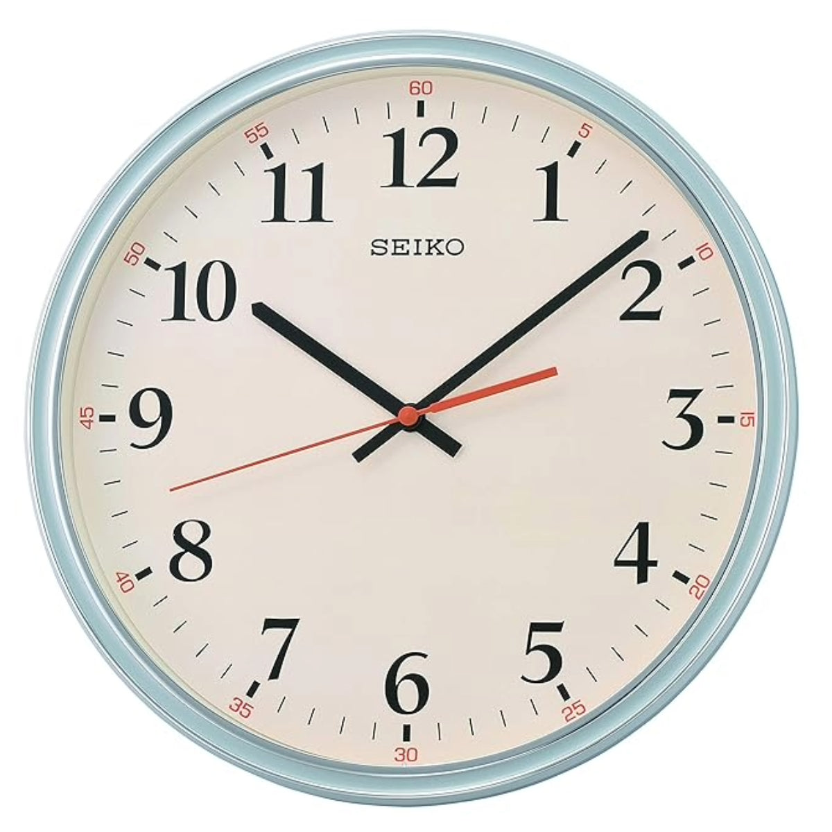 Seiko wall clock with a white face and blue rim on a white background