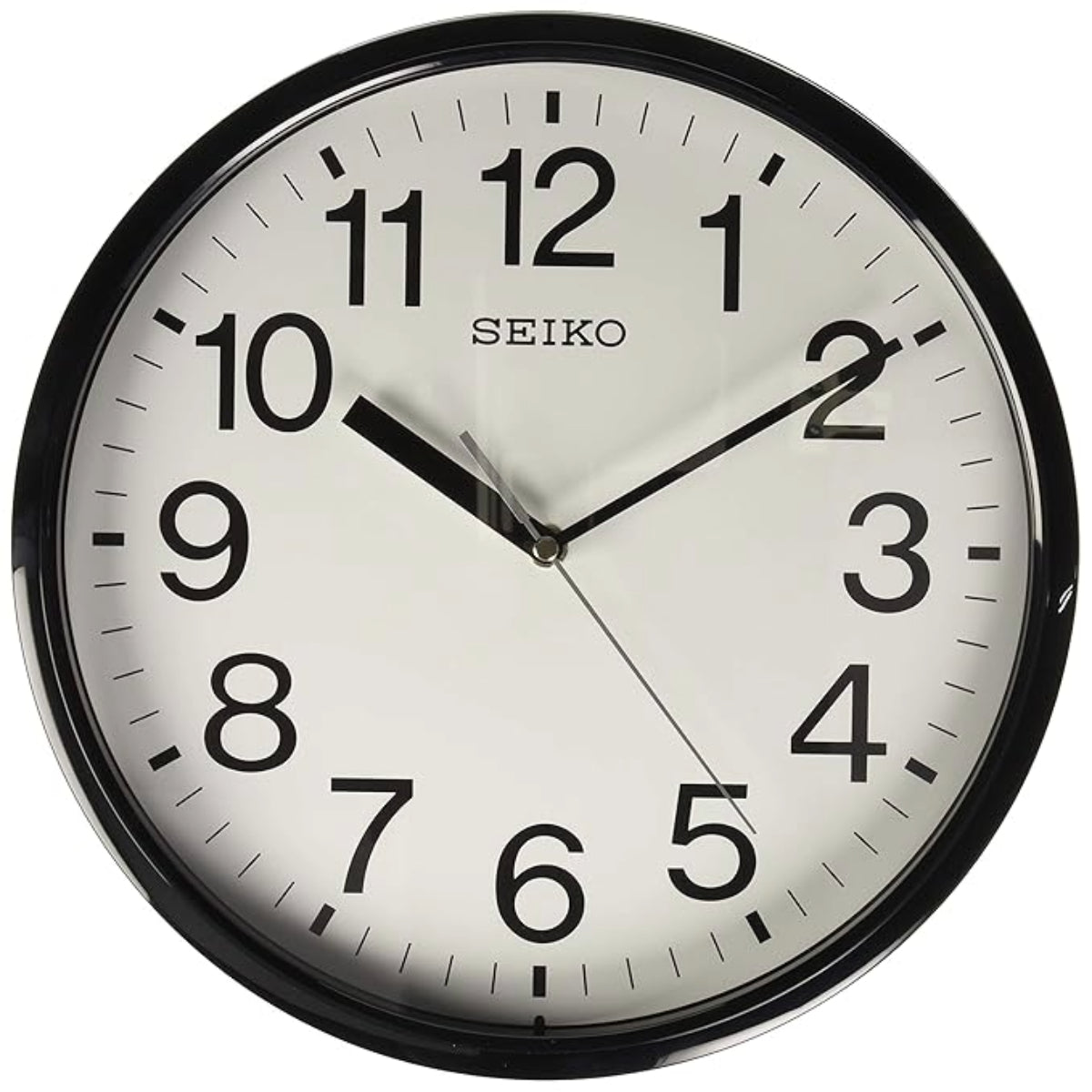 Seiko wall clock with black frame and white face