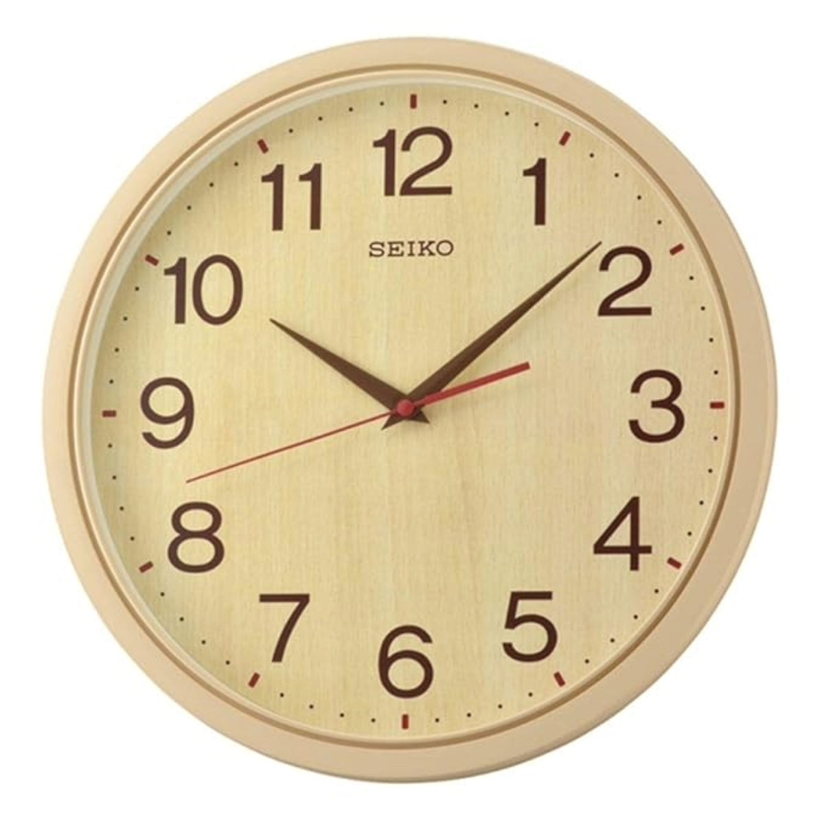 Seiko wall clock with beige face and wooden casing on a white background