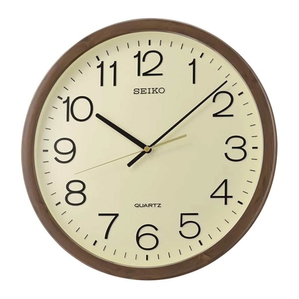 Seiko wall clock with brown frame and beige face on a white background