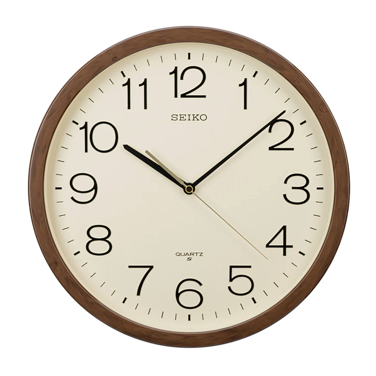 Seiko wall clock with brown wooden frame and beige face