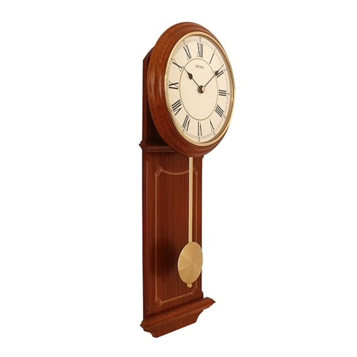Seiko Wall Clock Decorative Vertical Wooden Analog Brown Roman Figure Pendulum QXC213B