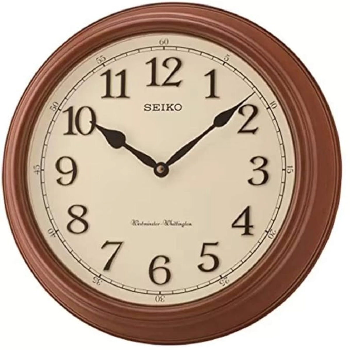 Seiko wall clock with brown frame and beige face