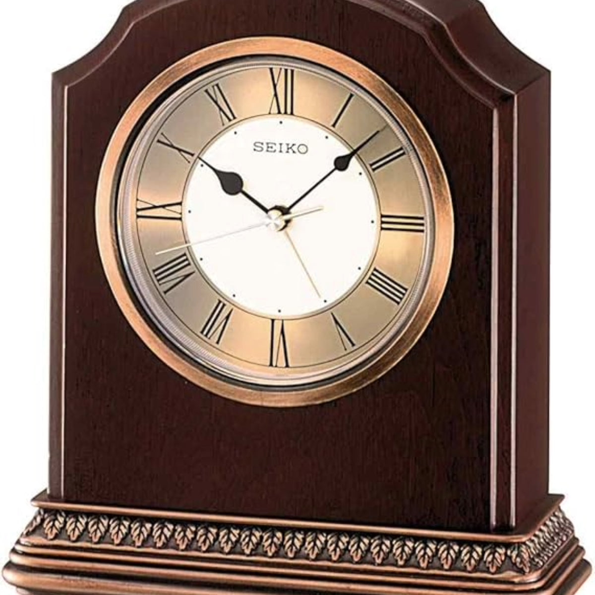 Wooden desk clock with Seiko brand on a white background