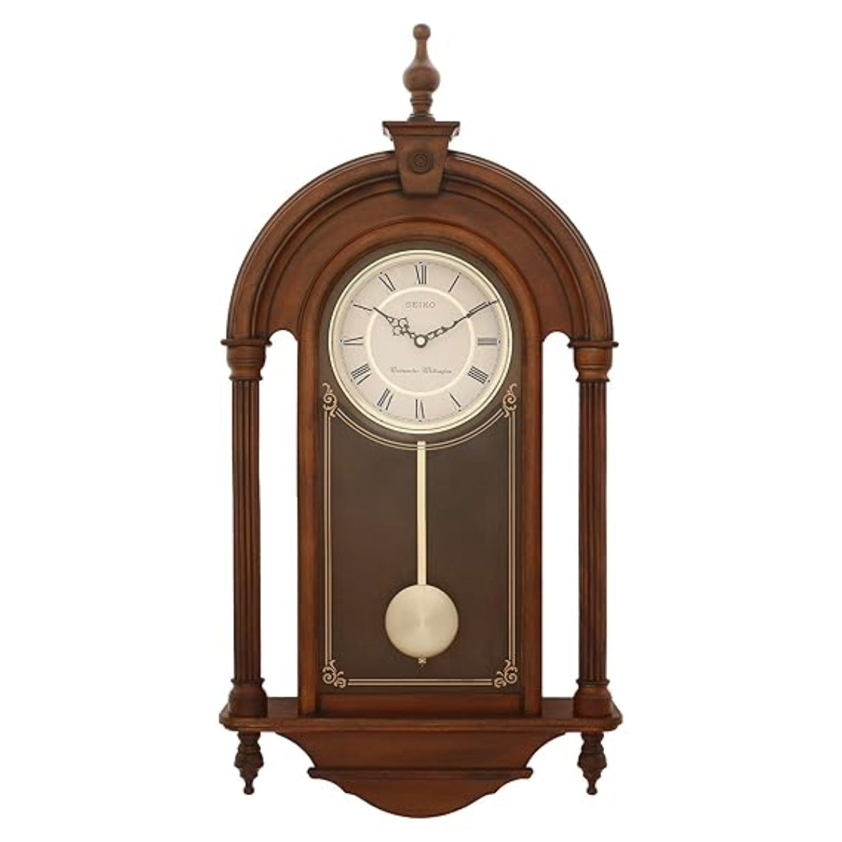 Wooden wall clock with pendulum on a white background