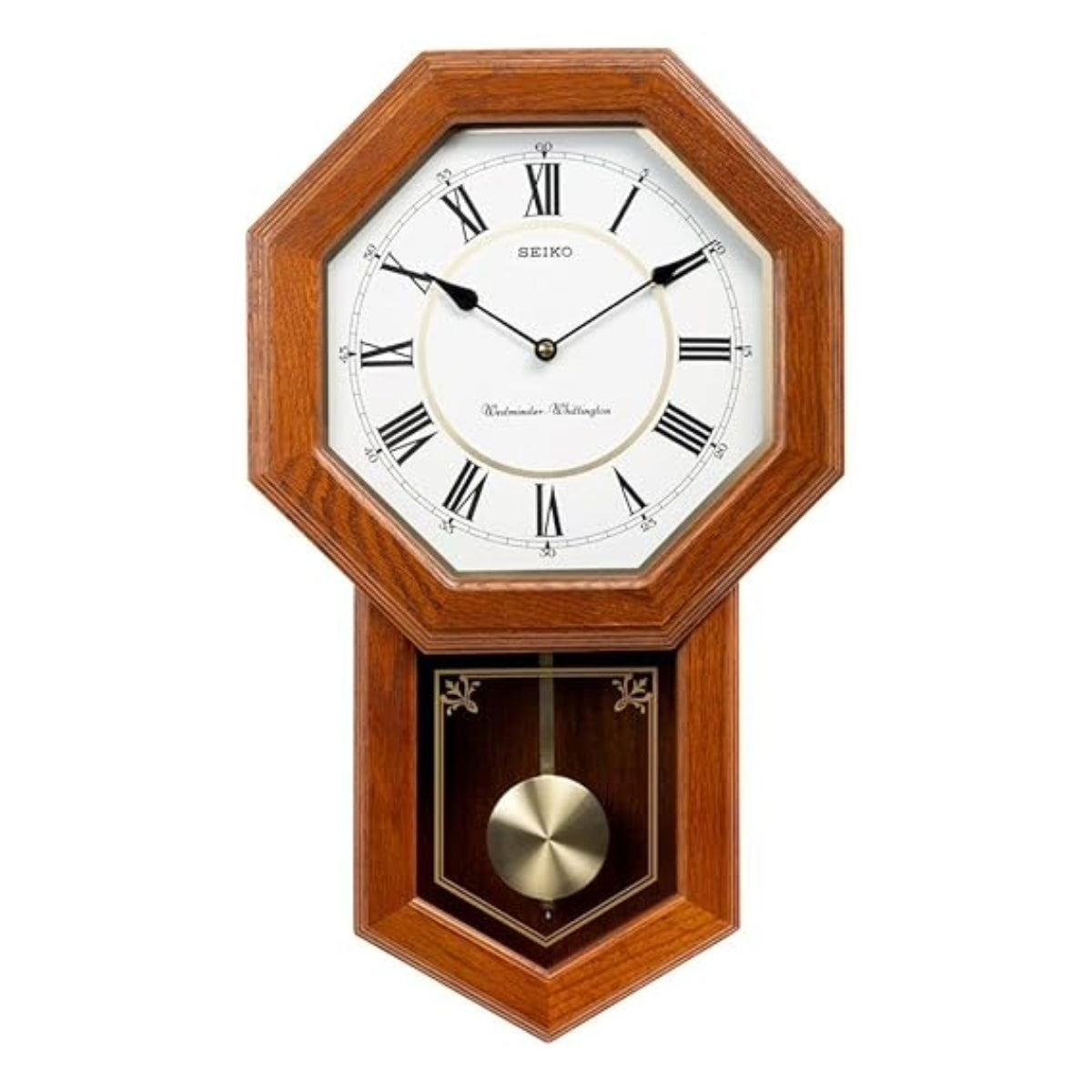 Wooden Seiko wall clock with pendulum on a white background