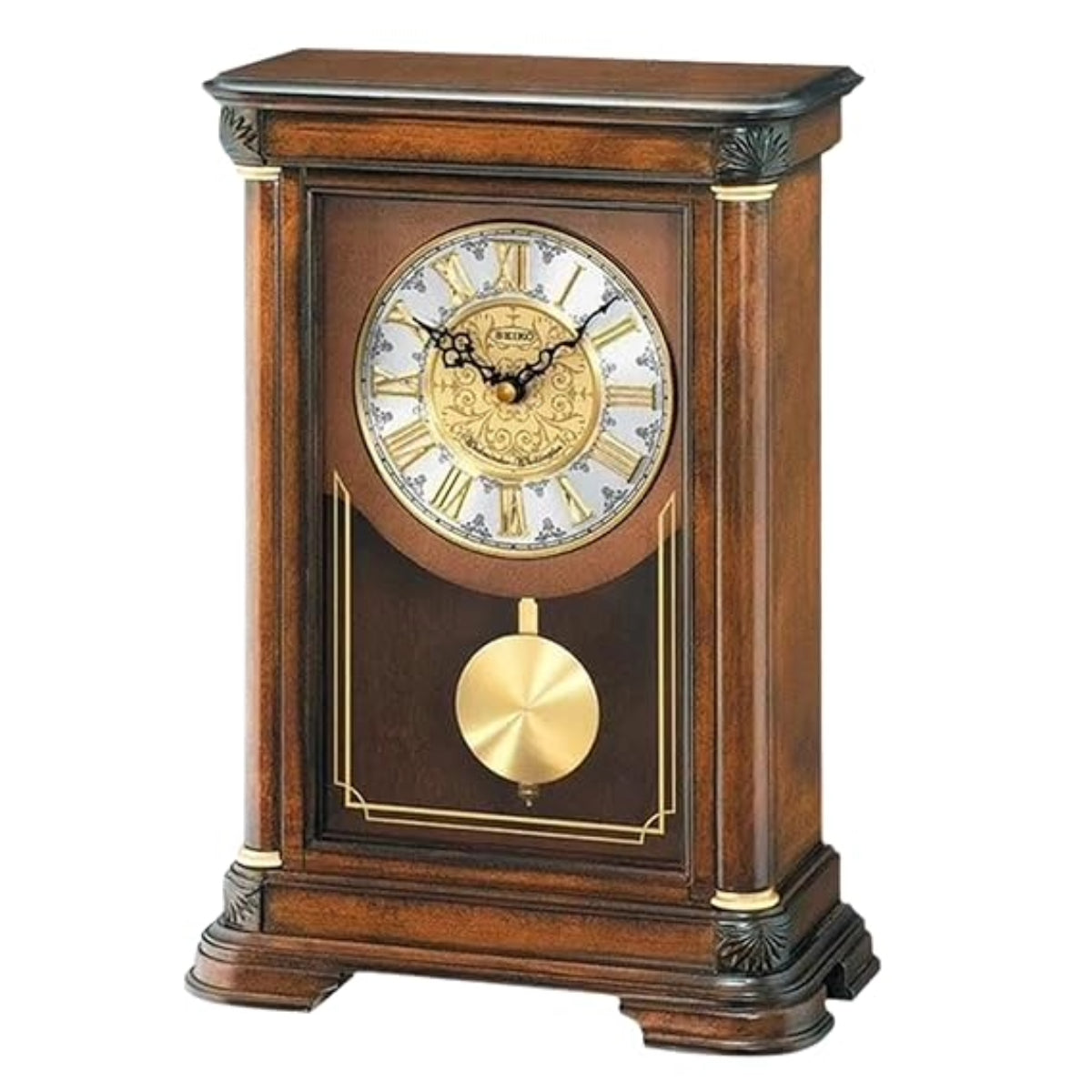 Wooden clock with gold accents on a white background