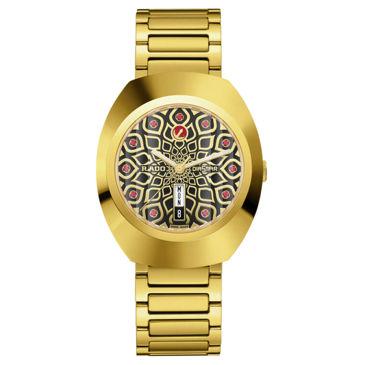 A gold-toned Rado DiaStar Original automatic unisex watch with a patterned dial and a bracelet strap.
