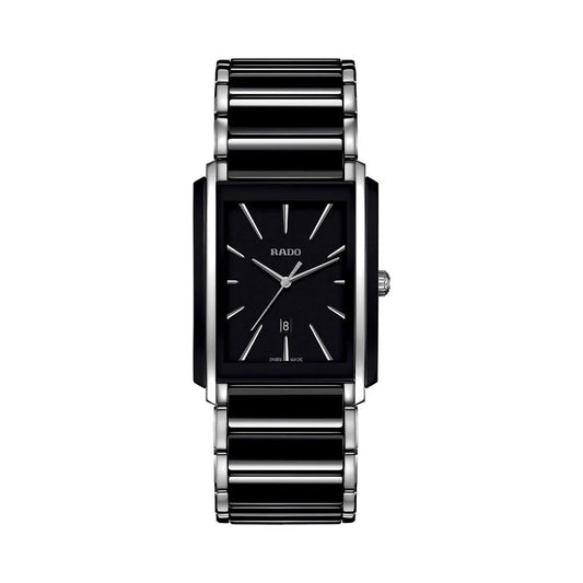 A black Rado Integral High Tech Ceramic Unisex Watch with a rectangular dial and bracelet.