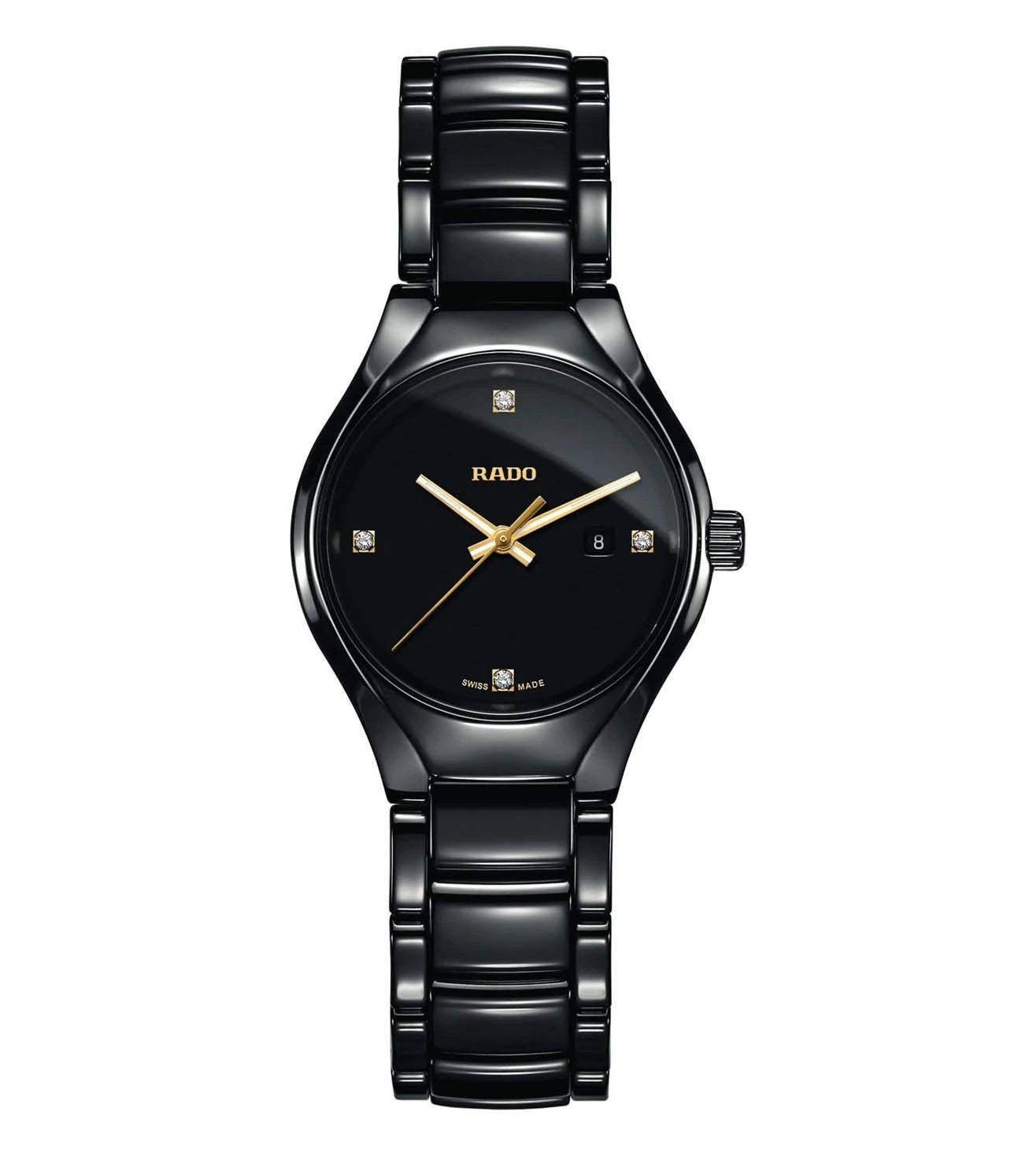 A black Rado True watch for women with a black band and dial, featuring gold hands and diamond accents.