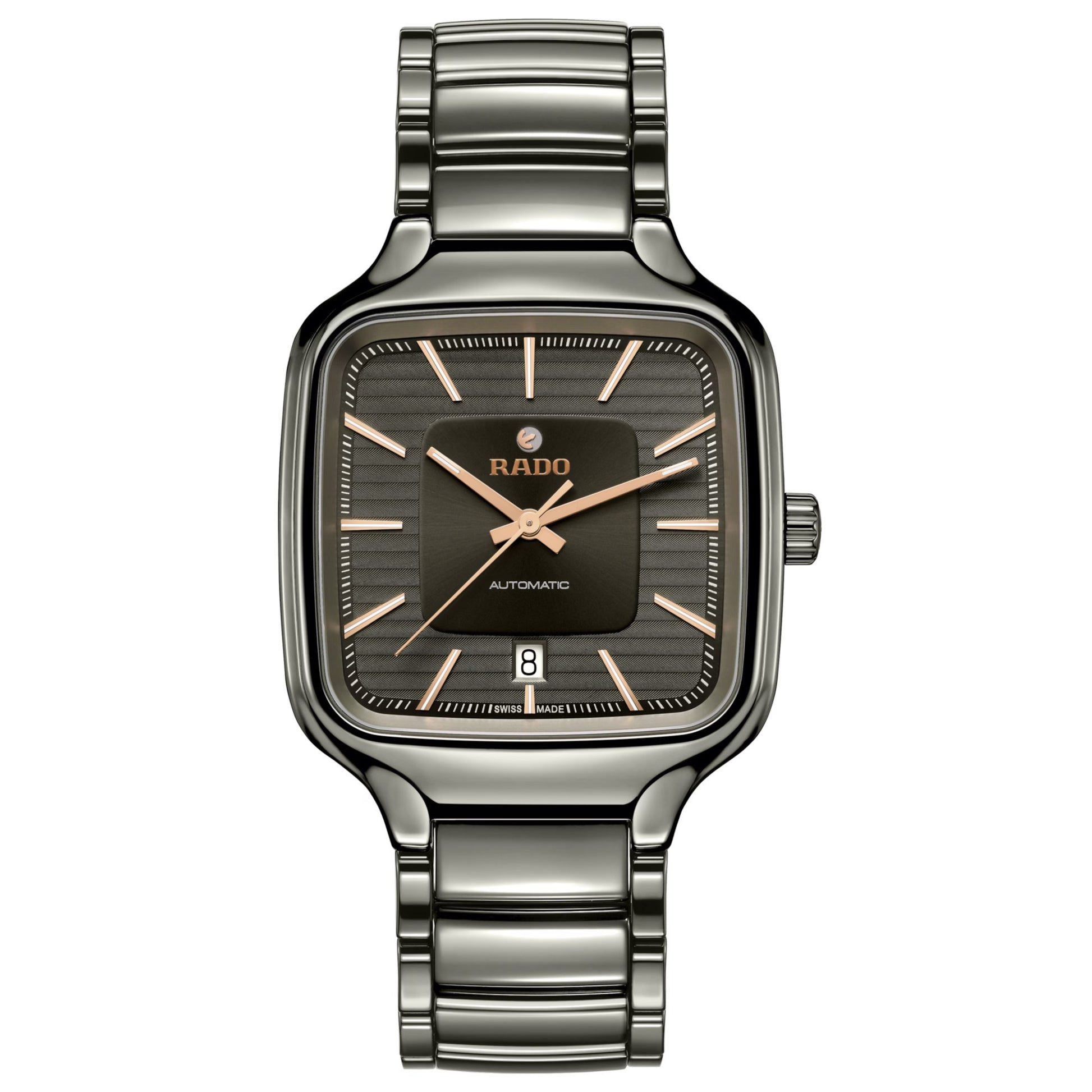 A Rado True Square Automatic Unisex Watch with a black polished ceramic case, rose gold-colored hands and indexes, and a grey dial.