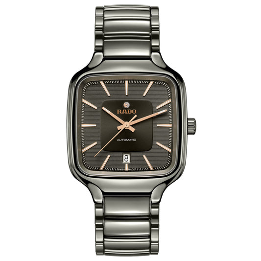 A Rado True Square Automatic Unisex Watch with a black polished ceramic case, rose gold-colored hands and indexes, and a grey dial.