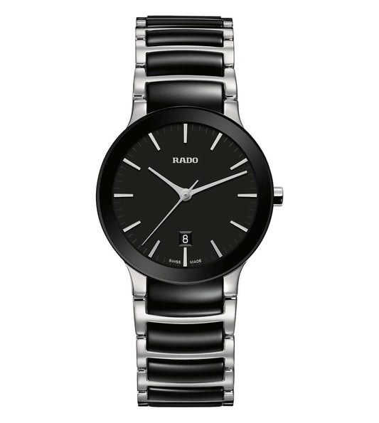 A black Rado Centrix watch for women with a stainless steel bracelet and a black dial.