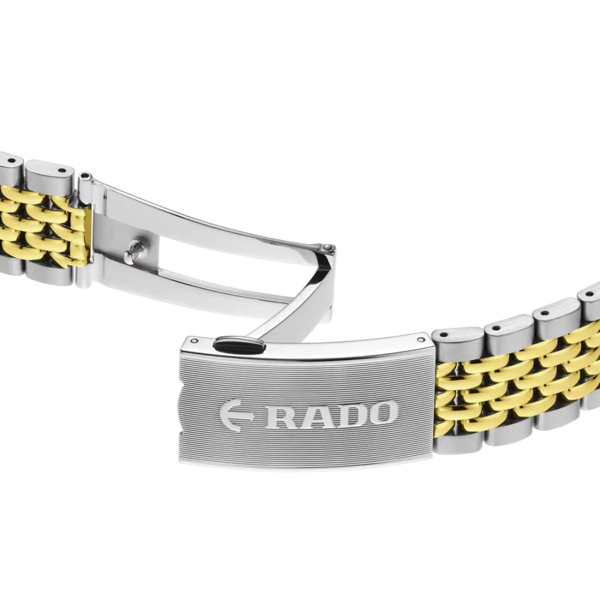 Silver and gold watch band with Rado logo on a white background