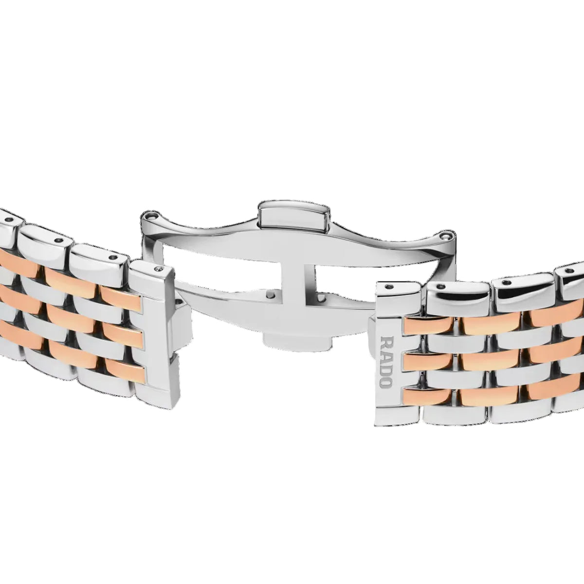 Two-tone watch strap with silver and rose gold colors on a white background