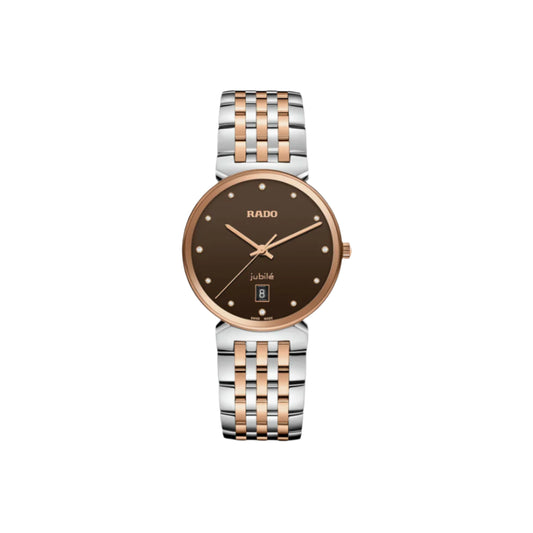 A Rado Florence Classic unisex watch with a brown sunray dial, rose gold-colored hands and accents, and a polished stainless steel and rose gold bracelet.