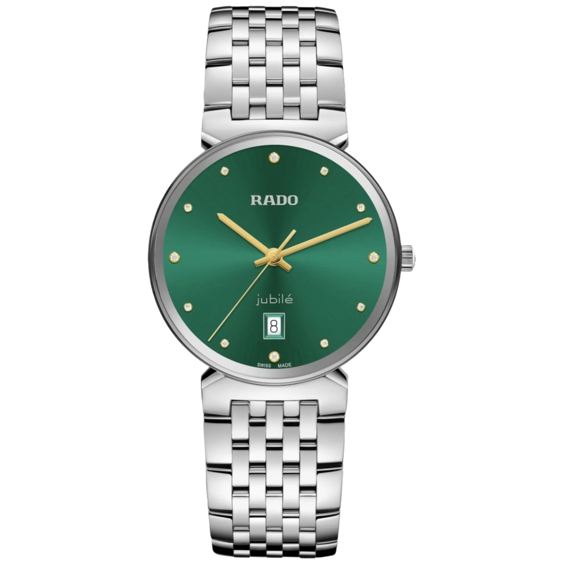 A Rado Florence Diamonds green dial unisex watch with a stainless steel bracelet and a green dial adorned with diamonds.