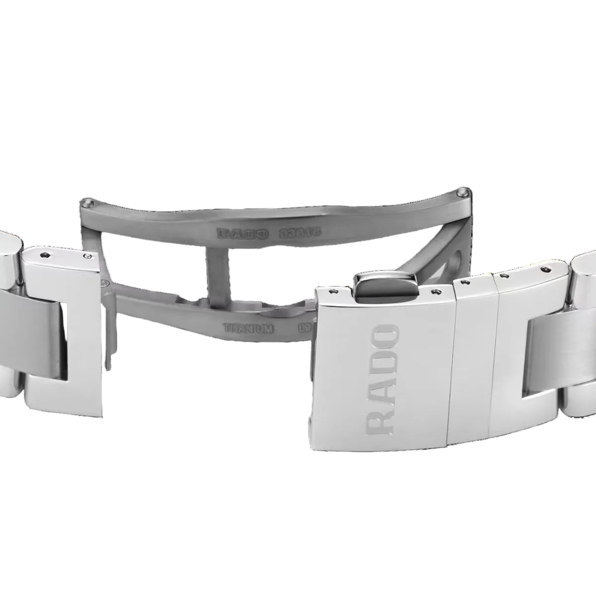 Close-up of a Rado watch strap on a black background