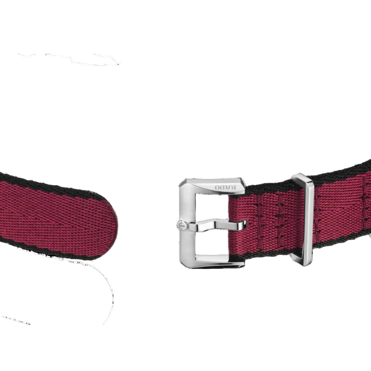 Red woven belt with silver buckle on a black background