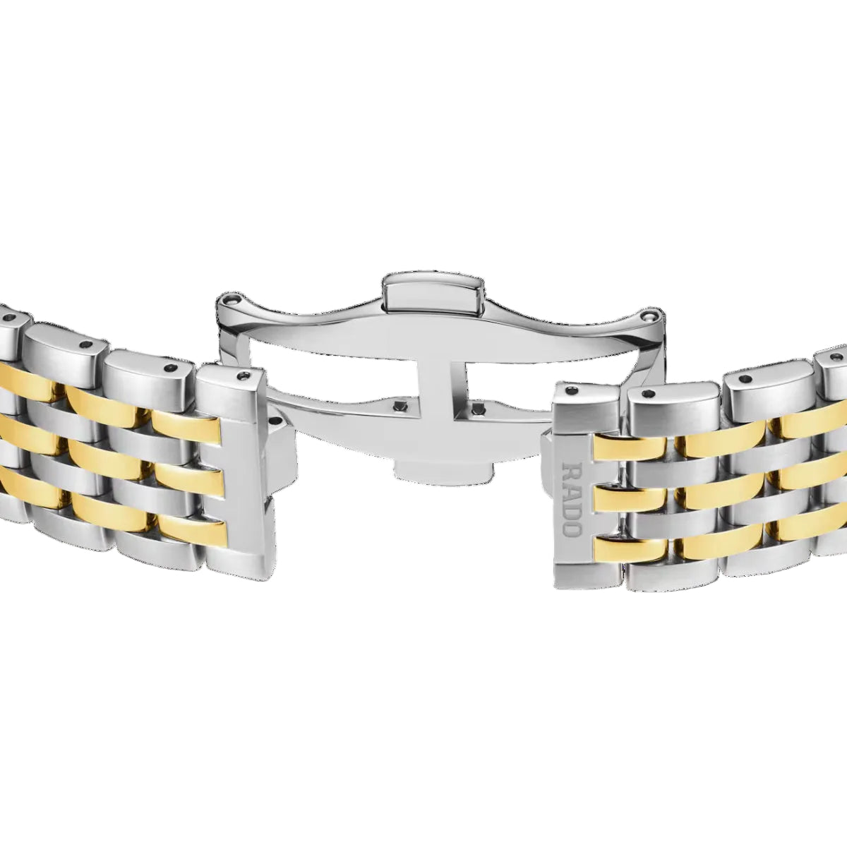 Two-tone silver and gold watch strap on a black background