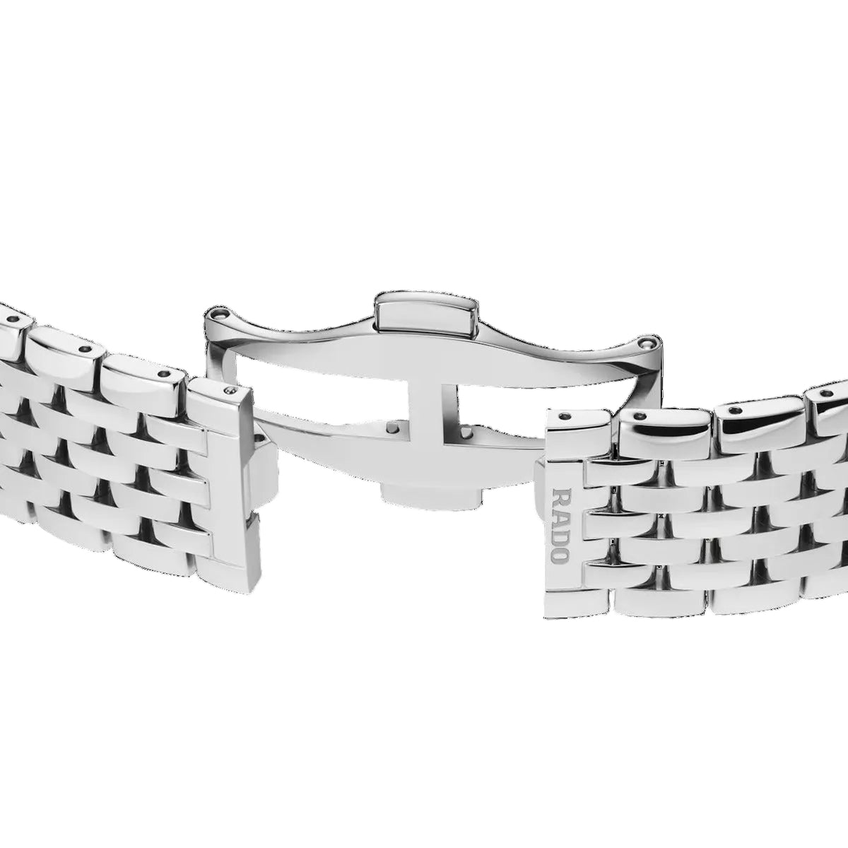 Silver watch strap with woven design on a black background