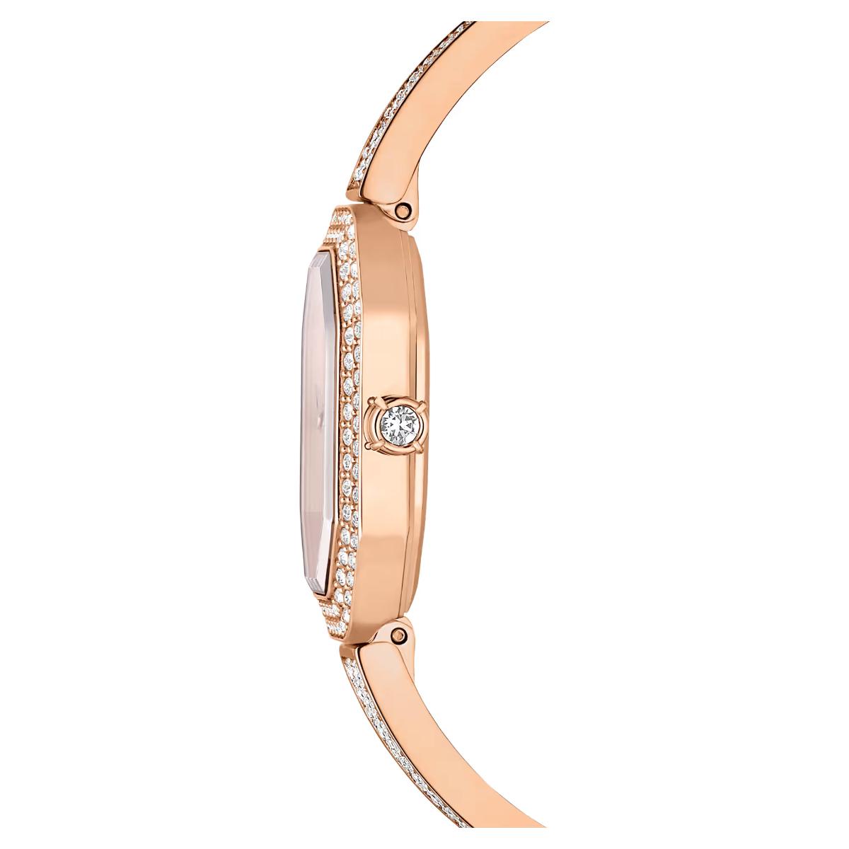 Rose gold watch with diamond accents on a white background