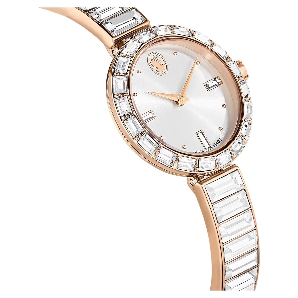 Rose gold watch with diamond-studded bezel on a white background