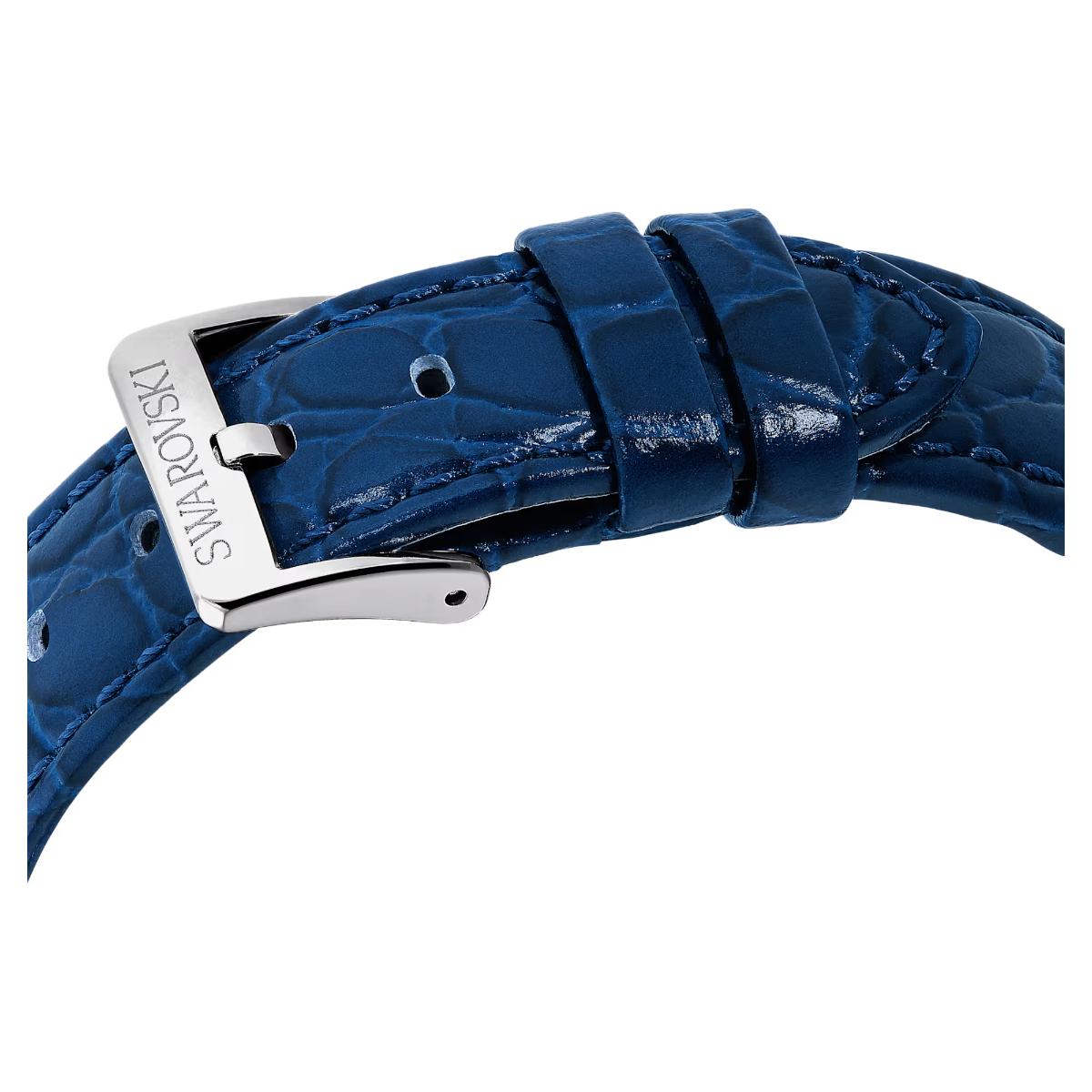 Blue watch strap with silver buckle on a white background