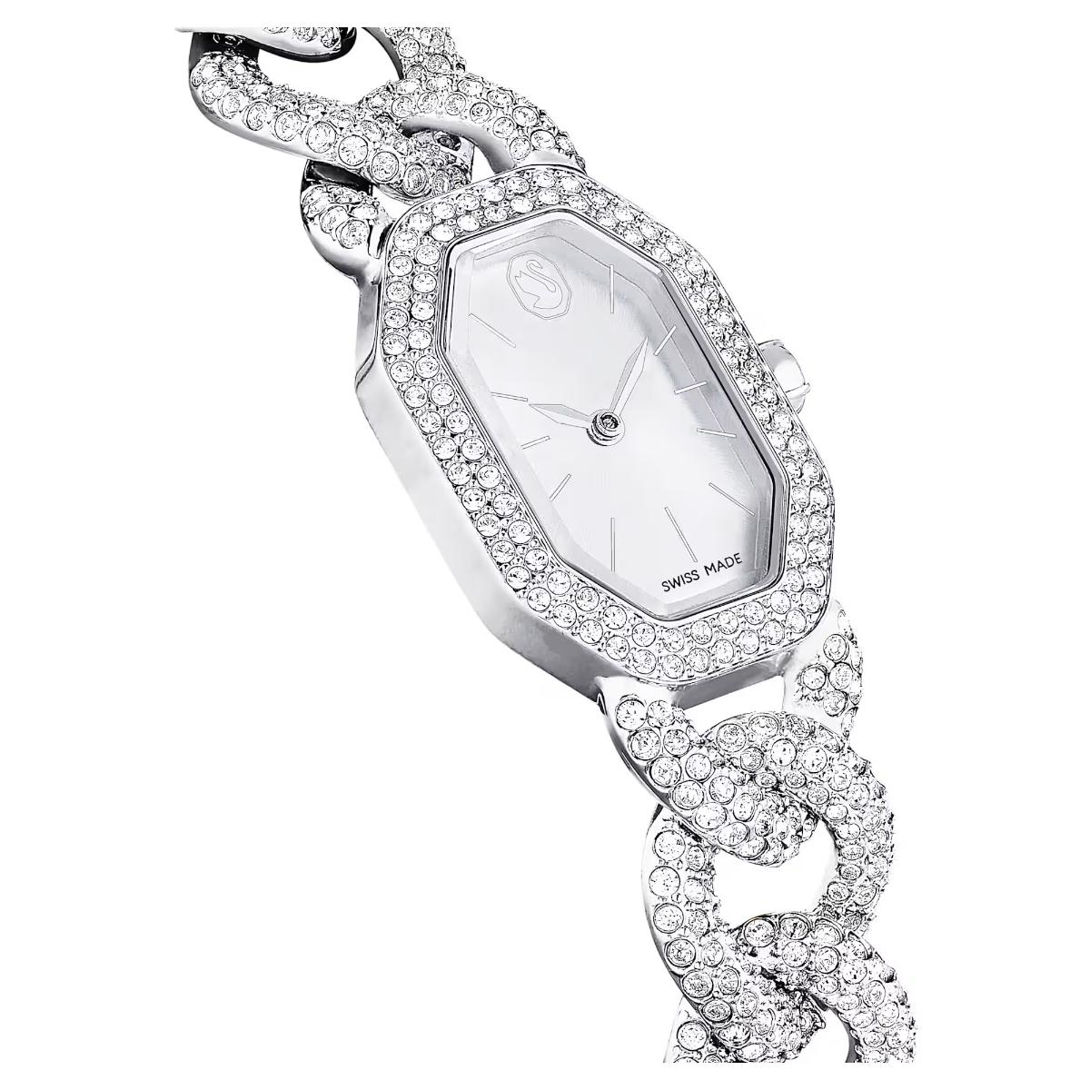 Silver watch with intricate design on a white background