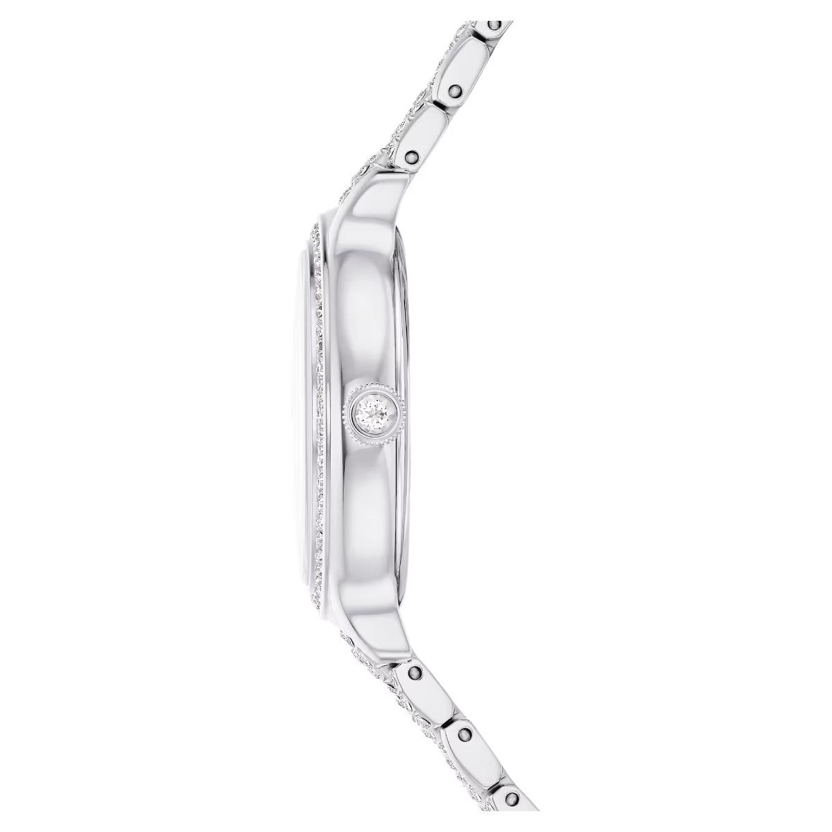 Silver watch with a clear face on a white background