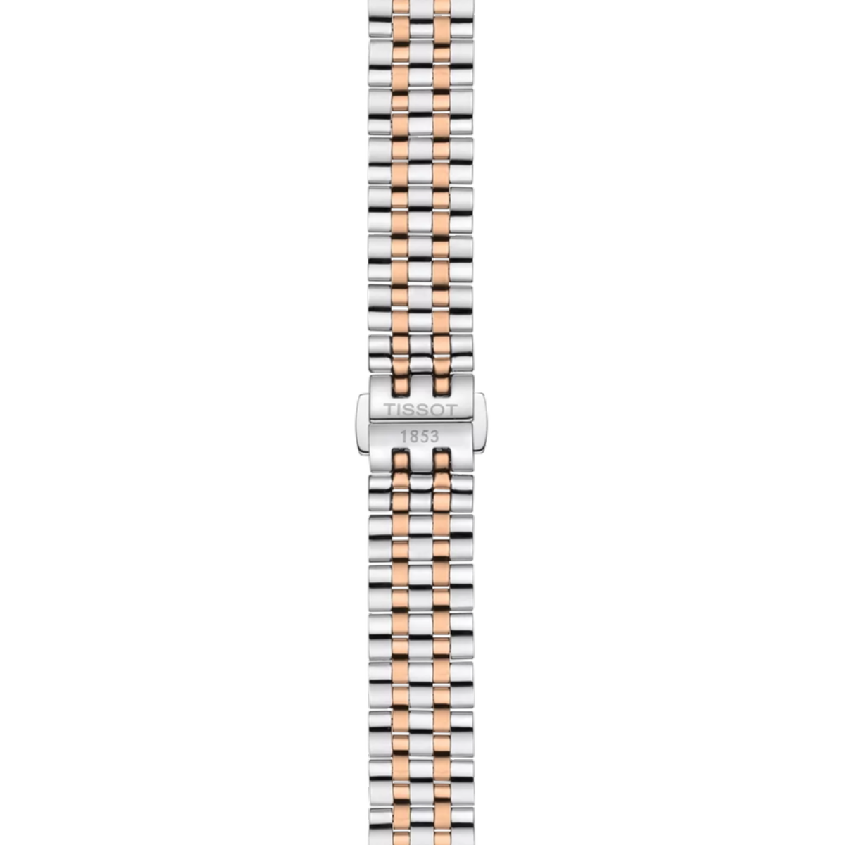 Two-tone watch strap with Tissot logo on a white background