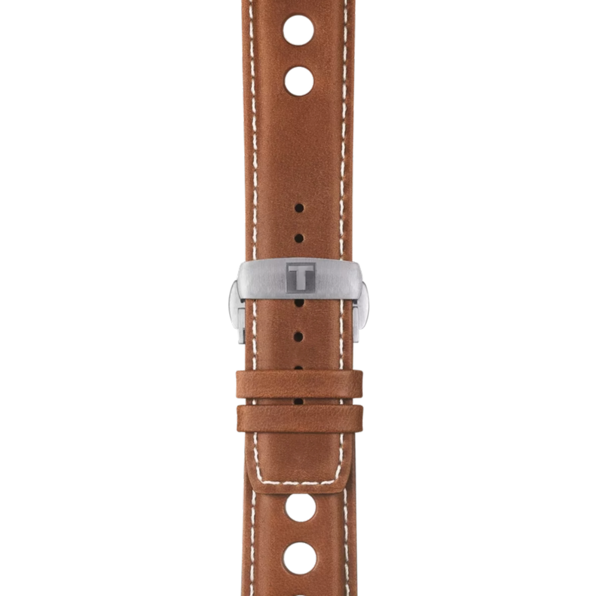Brown leather watch strap with white stitching on a white background