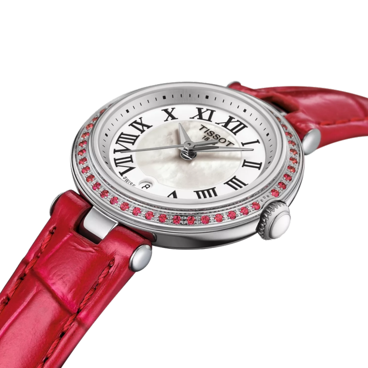 Tissot watch with red strap and gemstone accents on a white background