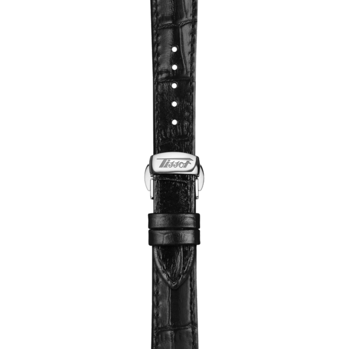 Black crocodile-patterned watch strap with Tissot logo on a white background