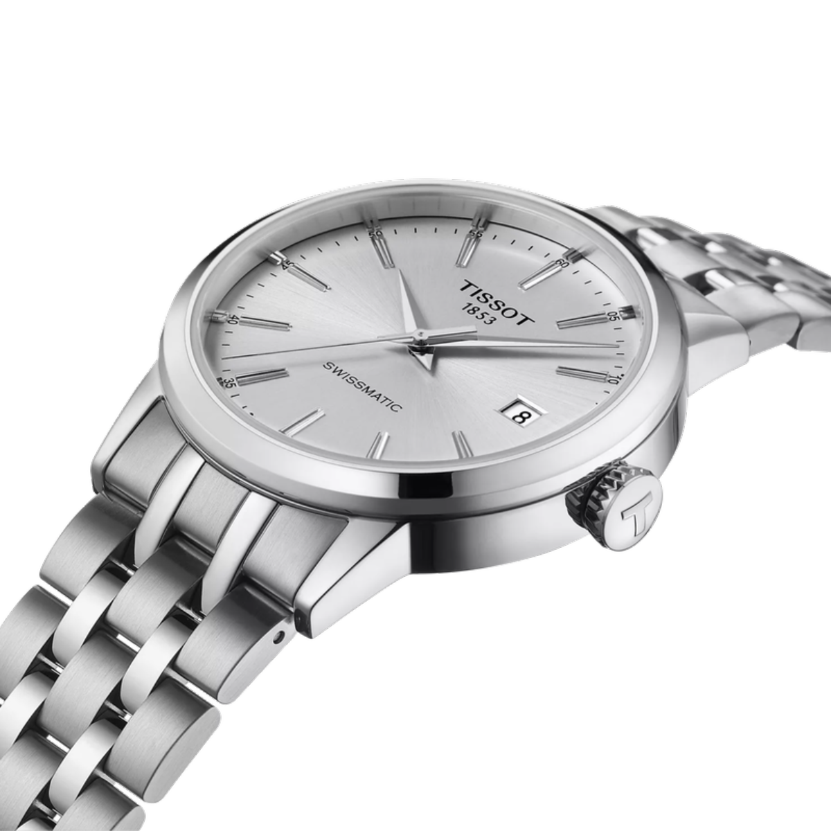 Silver Tissot watch with a white dial on a white background