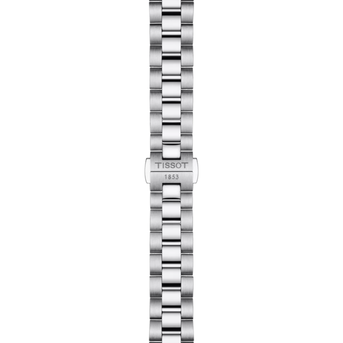 Silver watch strap with Tissot logo on a white background