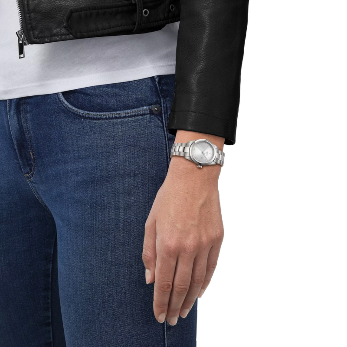 Person wearing a silver watch on a white background