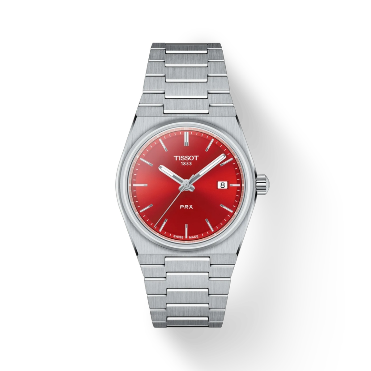 Tissot watch with red face and silver bracelet on a white background