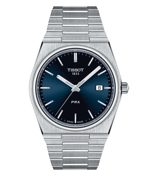 A Tissot men's watch with a blue dial, stainless steel band, and sapphire glass covering.