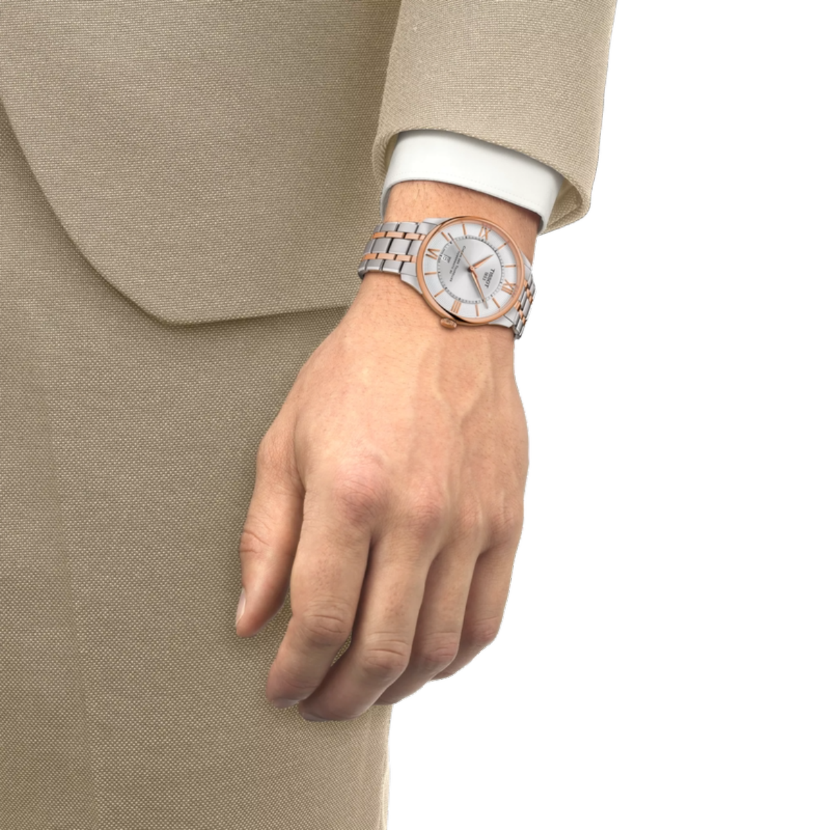 Two Tissot watches, one with a beige strap and rose gold case, the other with a green strap and silver case, on a white background.