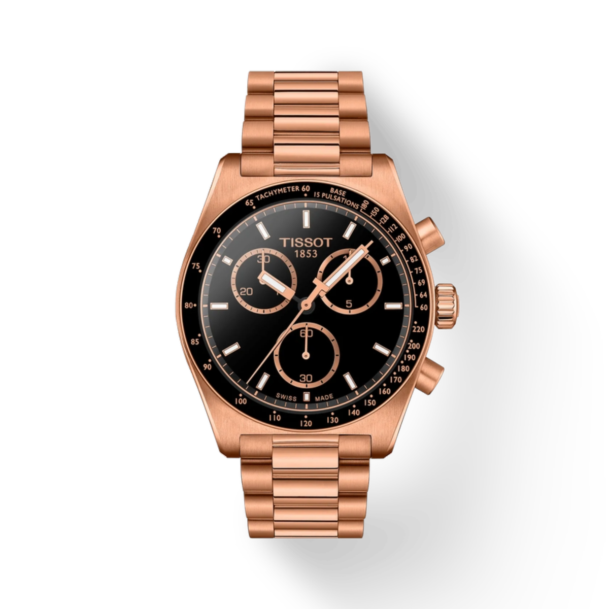 Rose gold Tissot watch with black dial on a white background
