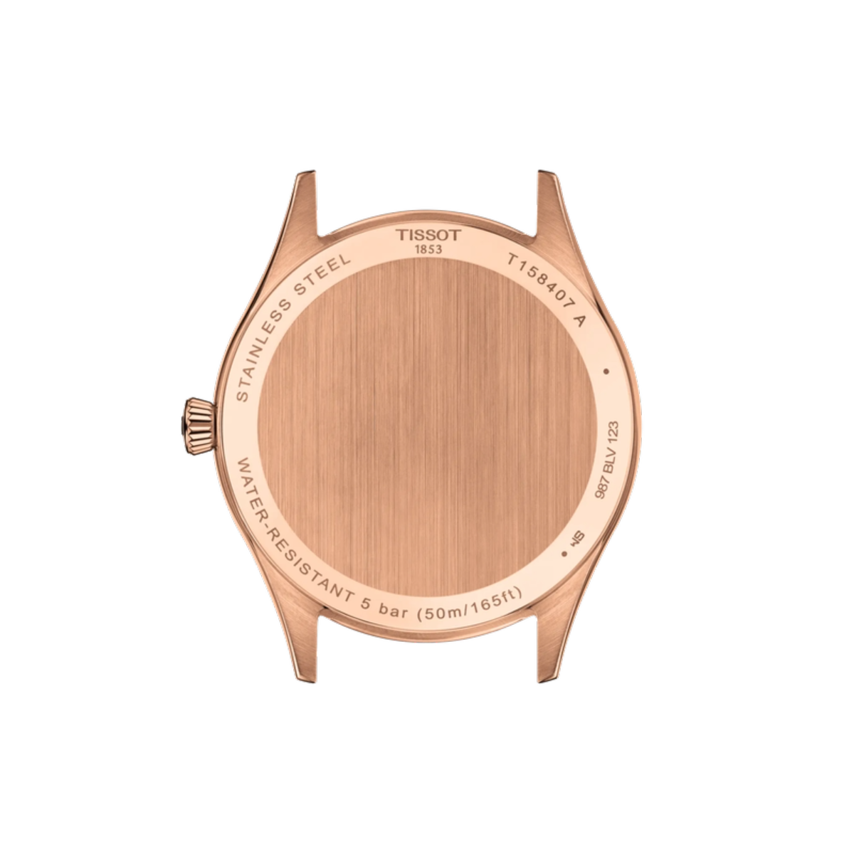 Rose gold watch case with Tissot branding on a white background