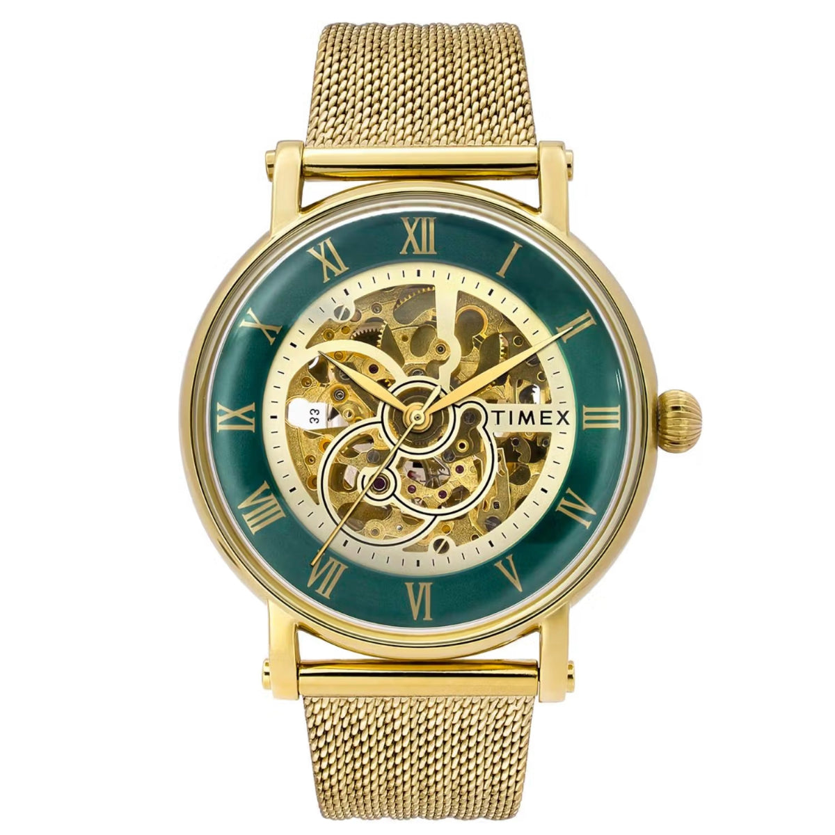 Gold Timex watch with green face and mesh band on white background