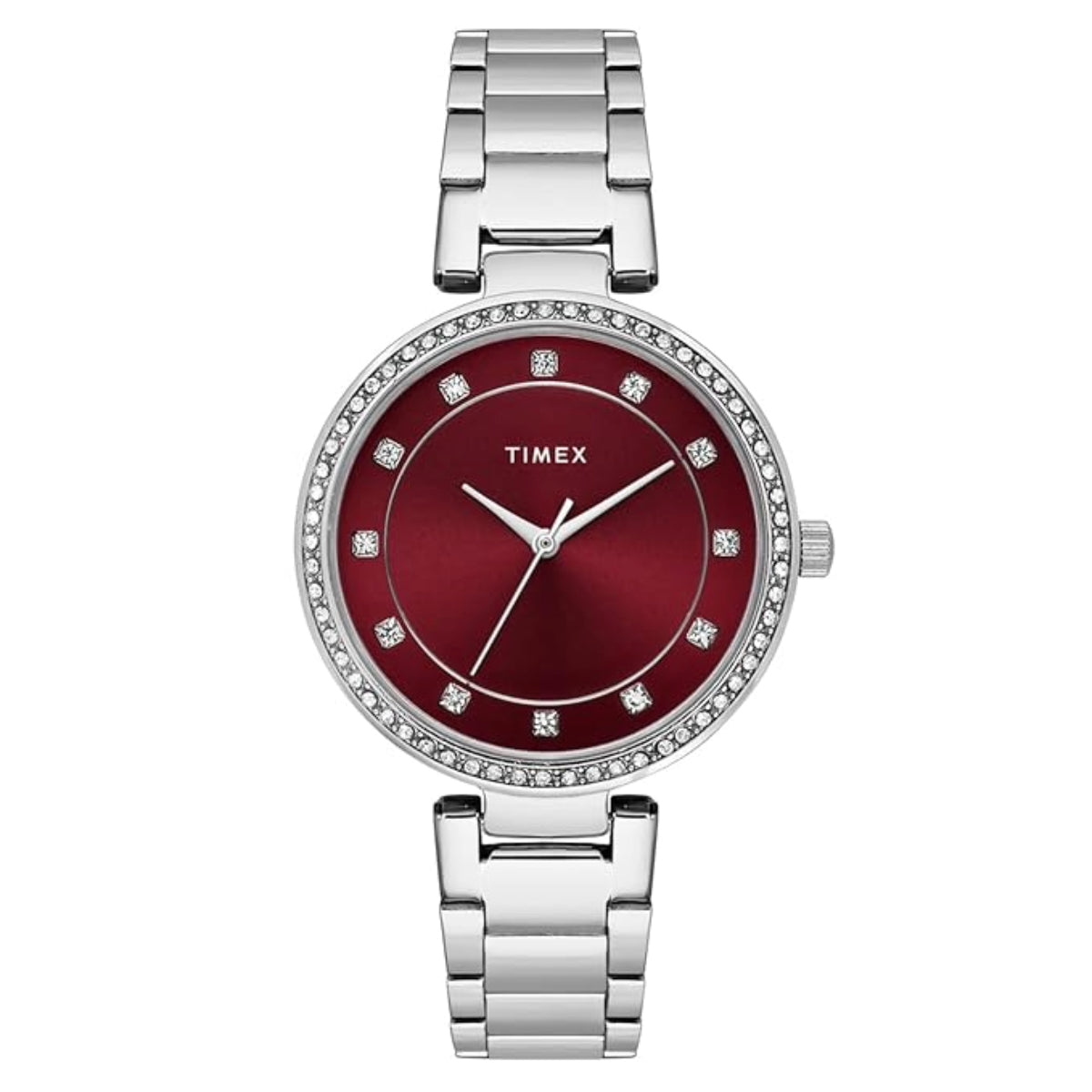 Timex watch with a red face and silver bracelet on a white background
