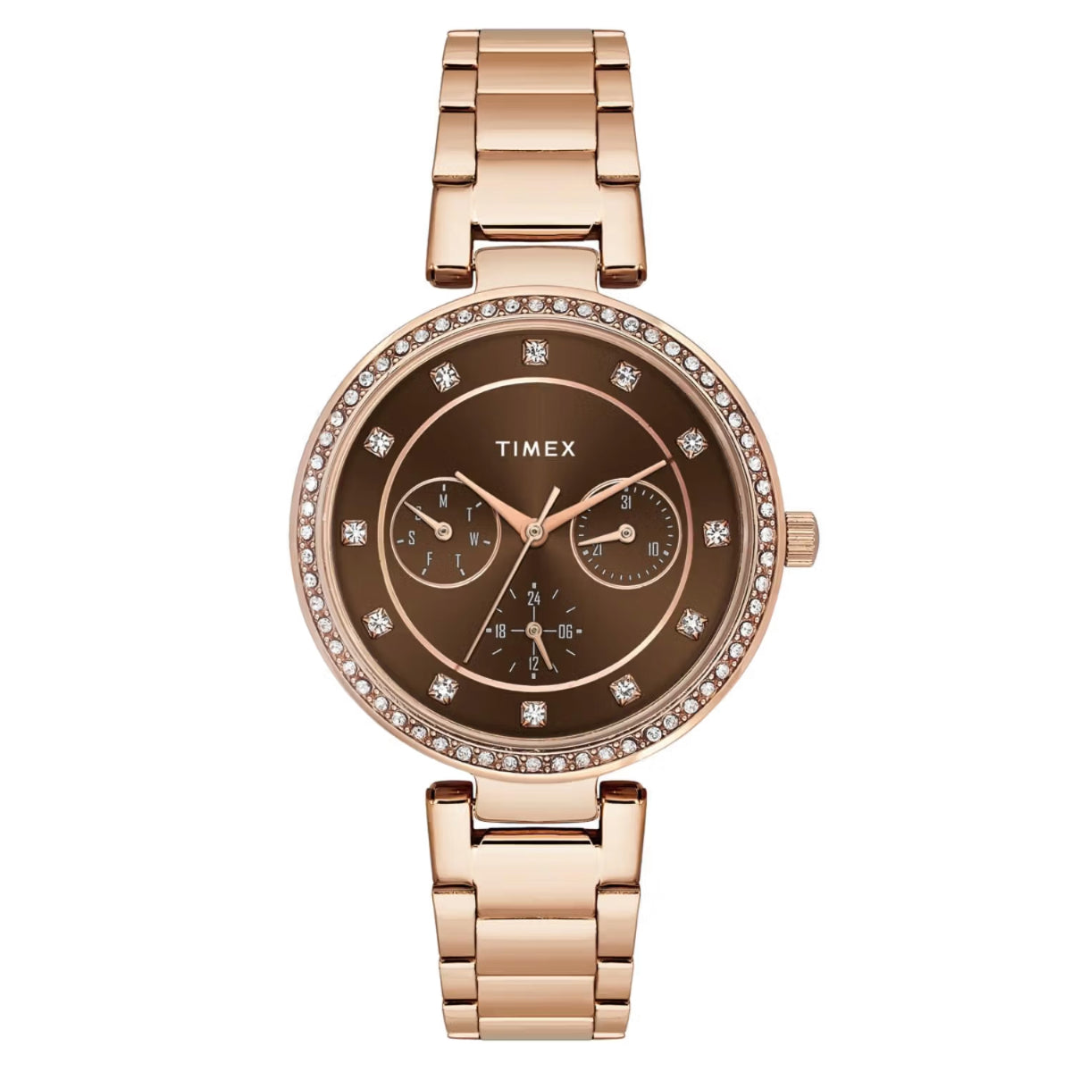 Rose gold Timex watch with brown dial on a white background