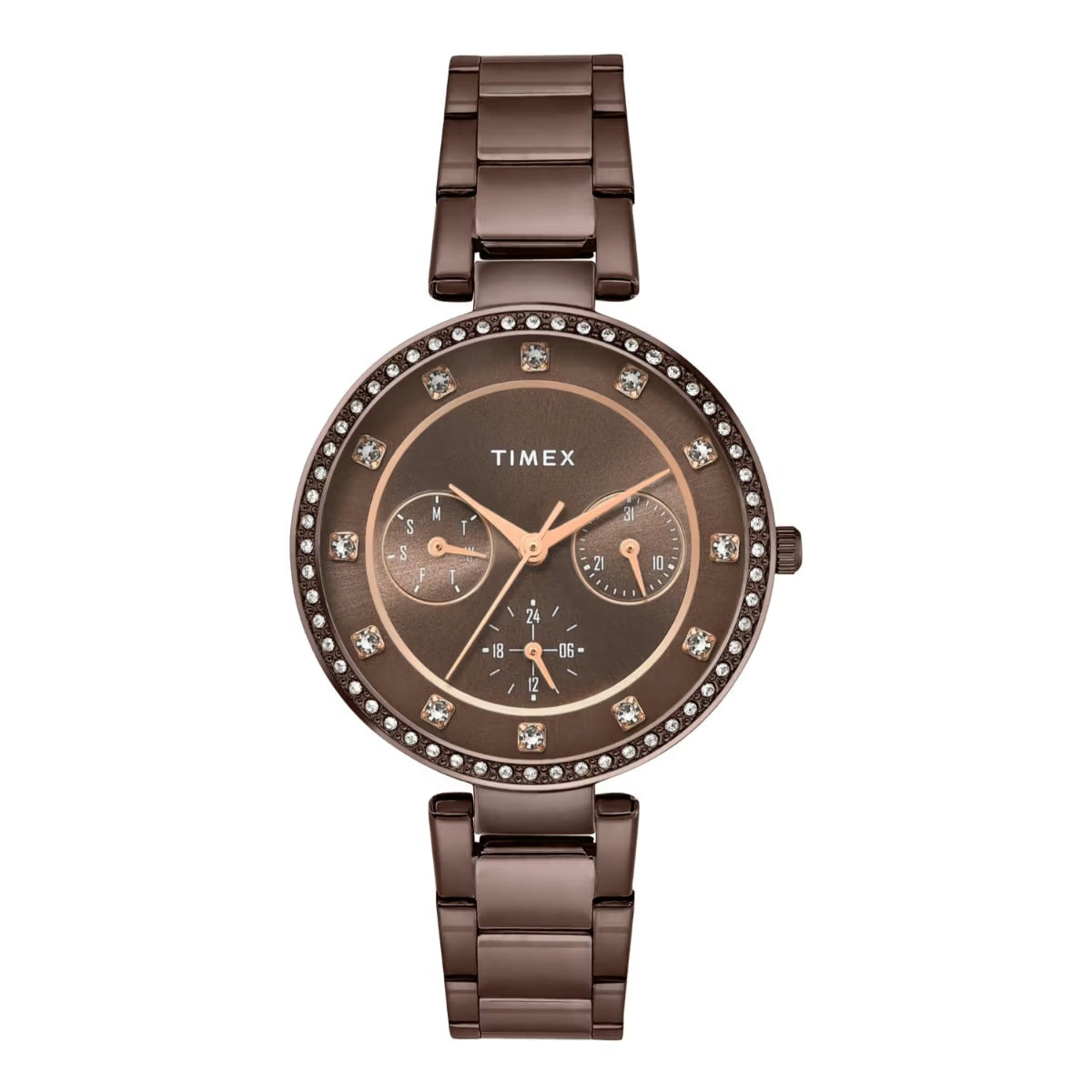 Timex watch with brown metal strap and decorative face on a white background