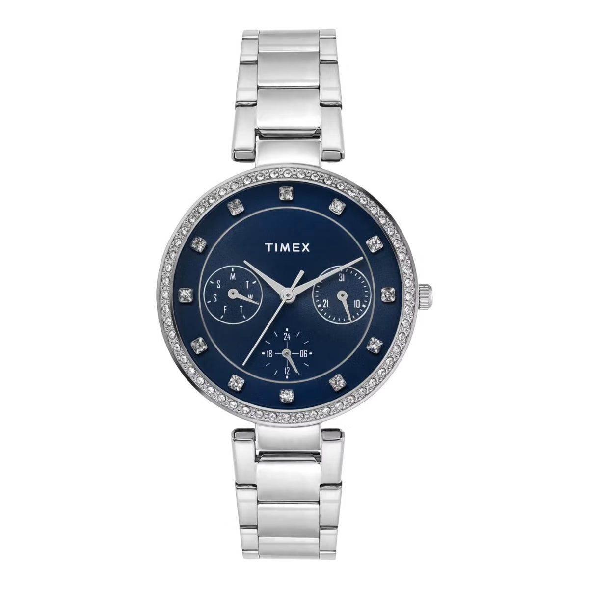 Timex watch with a blue face and silver band on a white background